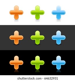 Glossy colored plus sign web 2.0 buttons with shadow and reflection on white, gray, and black