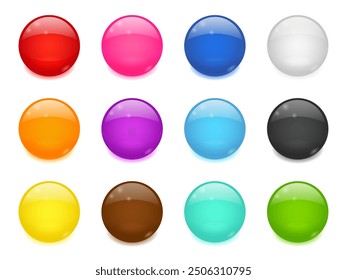 Glossy colored round buttons. 3d icons of glass balls. Colored shiny spheres isolated on white background. Blue, green, red, brown, black and yellow circle web buttons set, vector cartoon illustration