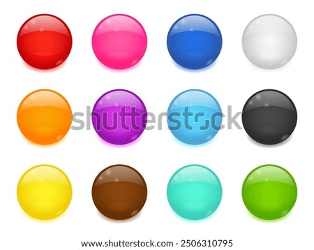 Glossy colored round buttons. 3d icons of glass balls. Colored shiny spheres isolated on white background. Blue, green, red, brown, black and yellow circle web buttons set, vector cartoon illustration