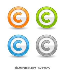 Glossy colored round web buttons with copyright symbol and shadow on white