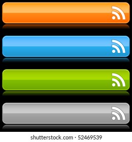 Glossy colored rounded buttons with RSS symbol and reflection on black