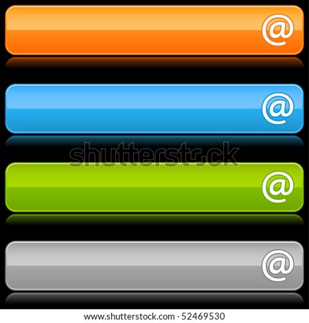 Glossy colored rounded buttons with at symbol and reflection on black