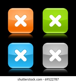 Glossy colored rounded square buttons with delete sign with reflection on black background