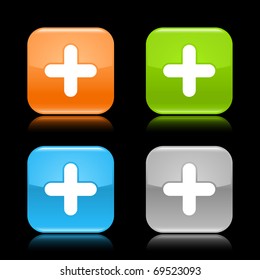 Glossy colored rounded square buttons with plus sign with reflection on black background