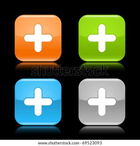 Glossy colored rounded square buttons with plus sign with reflection on black background