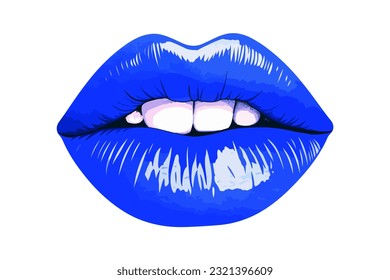 Glossy colored and sexy blue lips. Vector illustration isolated on white background. Hot kiss sticker lips with blue lipstick