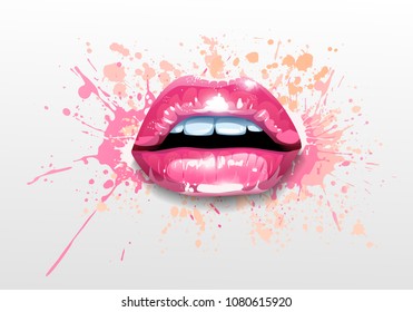Glossy colored and sexy Lips in splash of paint. Vector