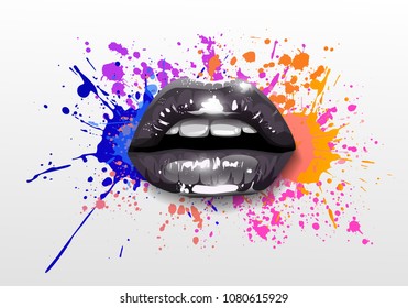Glossy colored and sexy Lips in splash of paint. Vector