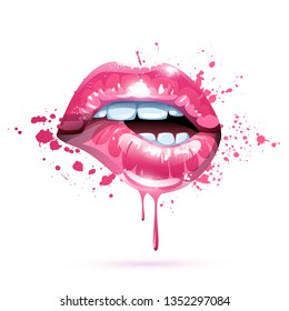 Glossy Colored And Sexy Lips In Splash Of Paint. Vector