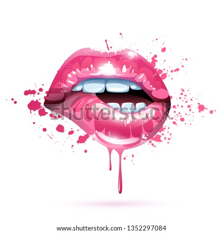 Glossy colored and sexy Lips in splash of paint. Vector
