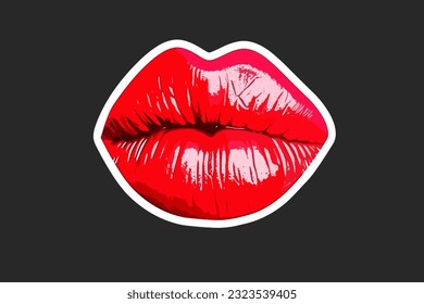 Glossy colored and sexy red lips. Vector illustration isolated on white background. Hot kiss sticker lips with red lipstick