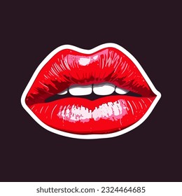  Glossy colored and sexy red lips. Vector illustration isolated on white background. Hot kiss sticker lips with red lipstick