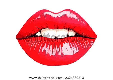 Glossy colored and sexy red lips. Vector illustration isolated on white background. Hot kiss sticker lips with red lipstick