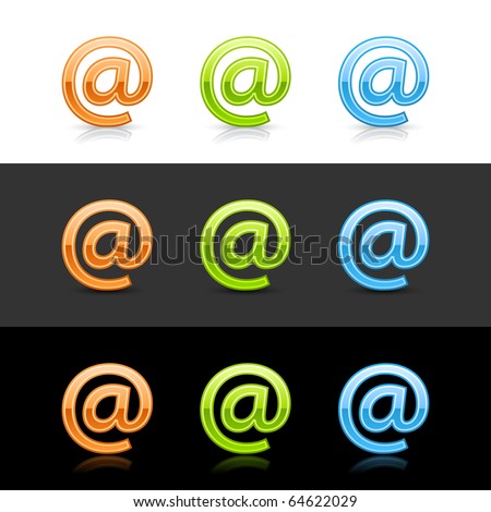 Glossy colored at sign web 2.0 buttons with shadow and reflection on white, gray, and black