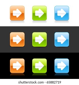Glossy colored web 2.0 buttons with arrow simbol. Rounded square shapes with shadow and reflection on white, gray and black