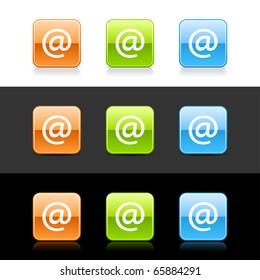 Glossy colored web 2.0 buttons with at sign. Rounded square shapes with shadow and reflection on white, gray and black