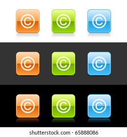 Glossy colored web 2.0 buttons with copyright sign. Rounded square shapes with shadow and reflection on white, gray and black