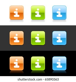 Glossy colored web 2.0 buttons with info symbol. Rounded square shapes with shadow and reflection on white, gray and black