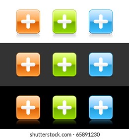 Glossy colored web 2.0 buttons with plus sign. Rounded square shapes with shadow and reflection on white, gray and black