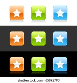 Glossy colored web 2.0 buttons with star sign. Rounded square shapes with shadow and reflection on white, gray and black