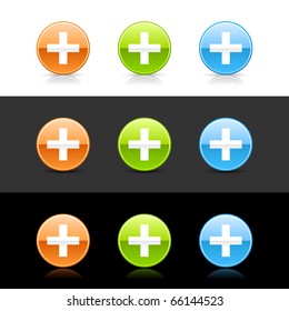 Glossy colored web 2.0 buttons with cross sign. Round shapes with shadow and reflection on white, gray and black