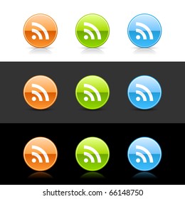 Glossy colored web 2.0 buttons with RSS sign. Round shapes with shadow and reflection on white, gray and black