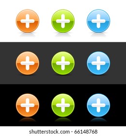 Glossy colored web 2.0 buttons with plus sign. Round shapes with shadow and reflection on white, gray and black