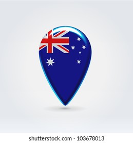 Glossy colorful Australia map application point label symbol hanging over enlightened background