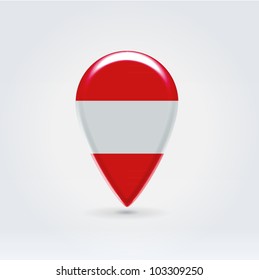 Glossy colorful Austrian map application point label symbol hanging over enlightened background