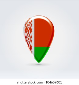 Glossy colorful Belarus map application point label symbol hanging over enlightened background