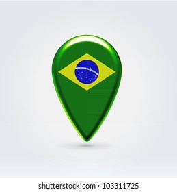 Glossy colorful Brazil map application point label symbol hanging over enlightened background