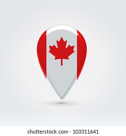 Glossy colorful Canada map application point label symbol hanging over enlightened background