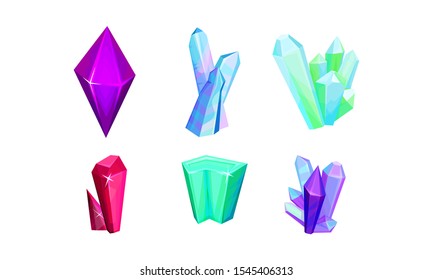 Glossy Colorful Crystal Vector Set. Geology Concept