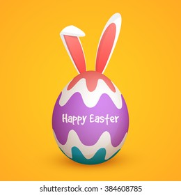 Glossy colorful Egg with bunny ears on yellow background for Happy Easter celebration.