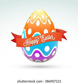 Glossy colorful Egg with ribbon on grey background for Happy Easter celebration.