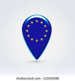 Glossy colorful EU map application point label symbol hanging over enlighted background