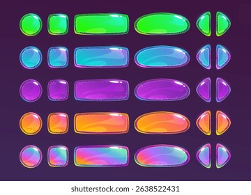 Glossy colorful game buttons in various bubble shapes and colors. Bright cartoon shiny UI elements for mobile apps, game interfaces, web design and playful digital projects. Vector GUI items set.