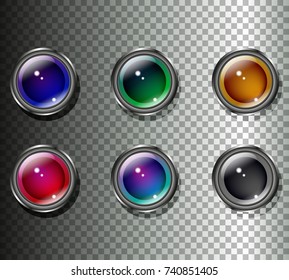 Glossy colorful glass texture vector buttons set transparent background