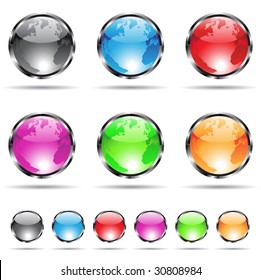 glossy and colorful globe icons with metallic frames