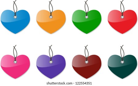 Glossy colorful heart labels for Valentine's Day. Blank tags. Vector illustration