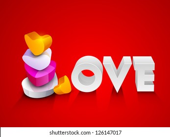 Glossy colorful hearts make text Love on red background for Valentines Day..