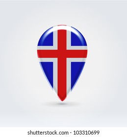 Glossy colorful Iceland map application point label symbol hanging over enlightened background