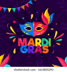 Glossy Colorful Mardi Gras Text with Party Mask, Feather and Bunting Flag Decorated on Purple Rays Background.