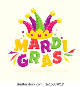 Glossy Colorful Mardi Gras Text with Jester Hat, Stars and Feather Decorated on White Background.