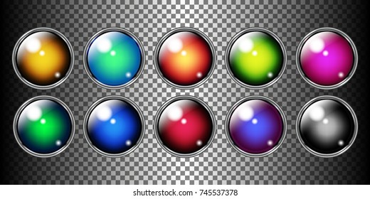 Glossy colorful red yellow blue green black glass metallic texture vector gem buttons set