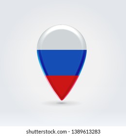 Glossy colorful Russian map application point label symbol hanging over enlightened background.