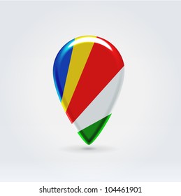 Glossy colorful Seyshelles islands map application point label symbol hanging over enlightened background