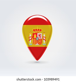 Glänzend bunt Spanien Karte Anwendung Punkt Etikett Symbol hängt über erleuchteten Hintergrund
