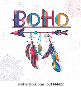 Glossy colorful Text Boho with Ethnic Decorative Feathers and Arrow. Creative hand drawn illustration.