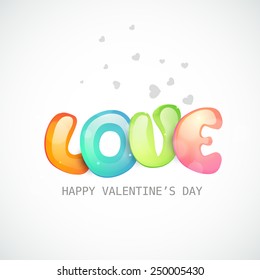 Glossy colorful text Love for Happy Valentines Day celebration on hearts decorated background.